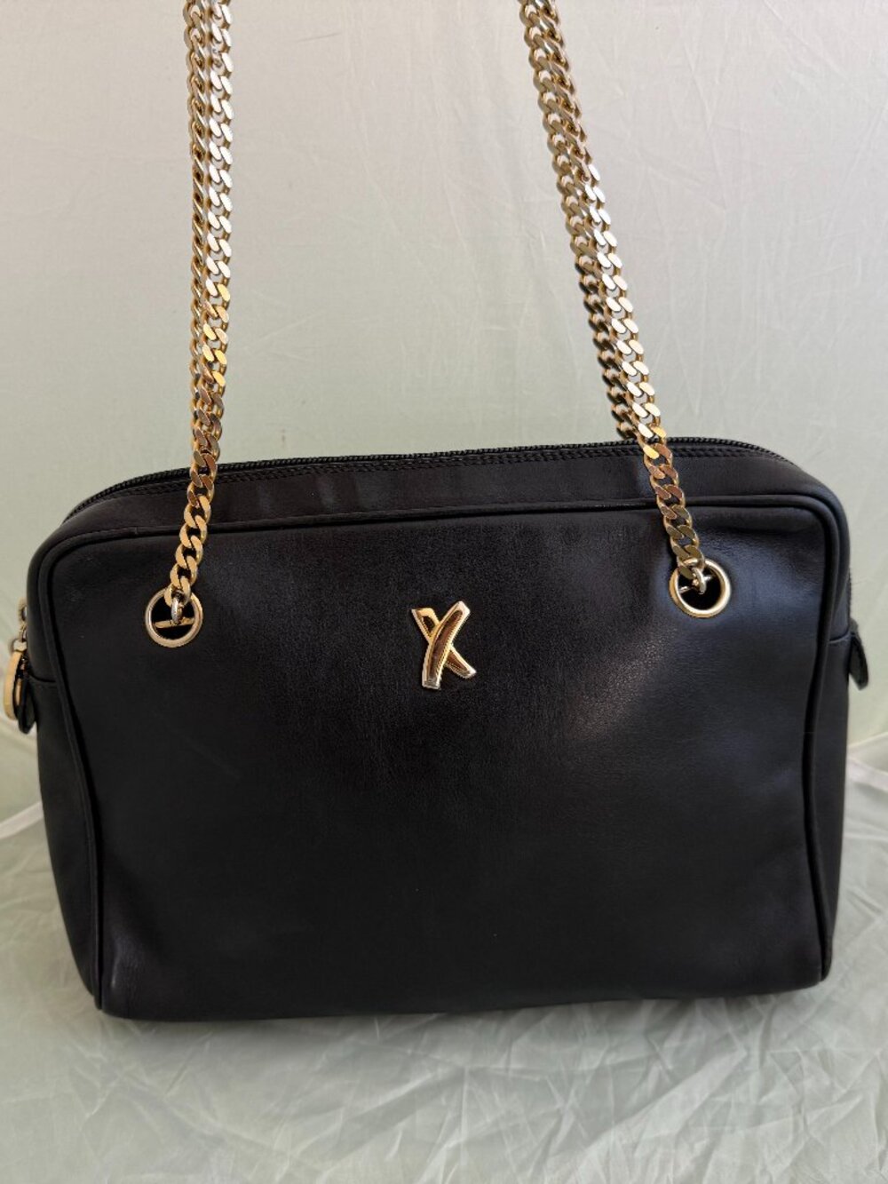 By Paloma Picasso Black Leather Chain Shoulder Bag Gold Hardware Vintage